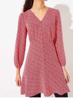 Women’s Red V-Neck Long Sleeve Button-Front Dress with white hearts
